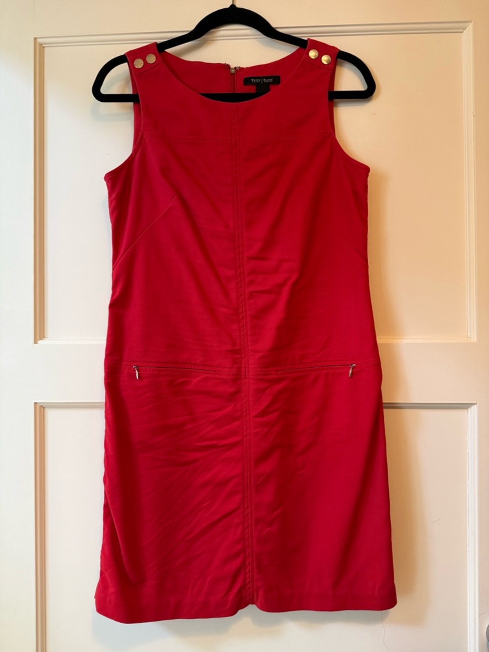 Red Sleeveless Sheath Dress with Gold Button Detail